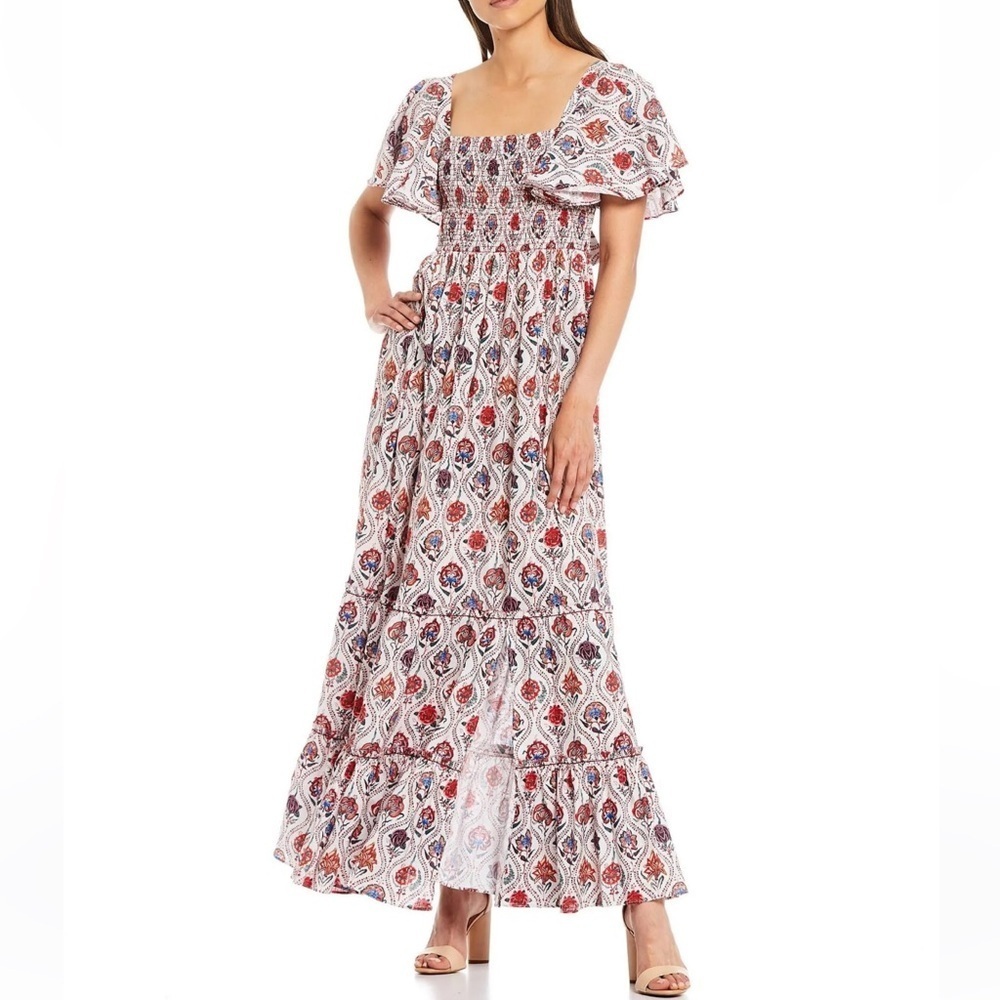 Sachin & Babi Danni Block Print Floral Square Neck Flutter Sleeve Maxi Dress 6 - Picture 5 of 12